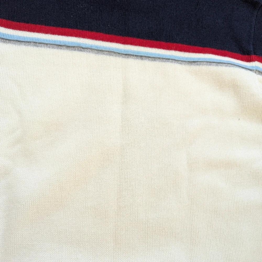 90s Vintage Mens Cream 3D Knit Colorblock Tennis Sweater Medium Varsity Preppy